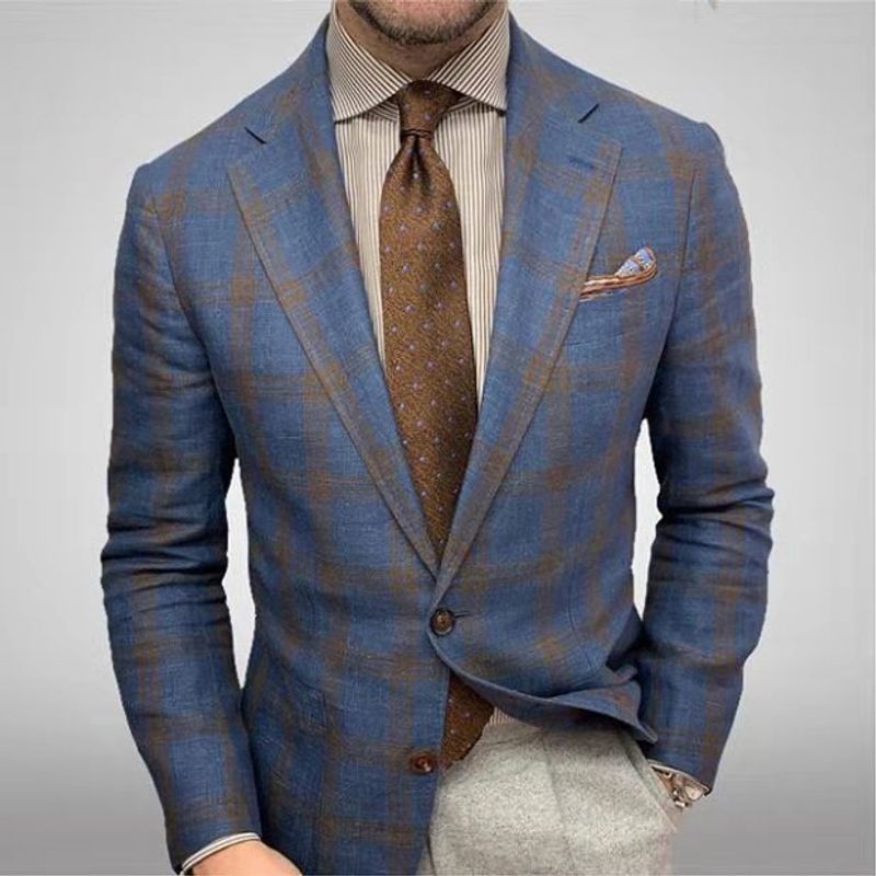 Herrenbekleidung Frühling und Herbst Neue Herren karierte Revers Langarm Anzugjacke Herren Business Anzug_voghion.com