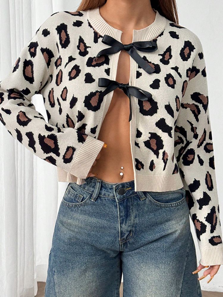 Women's Clothing Spring and Autumn women's fashion personality spotted print sweater cardigan bow tie knitted sweater_voghion.com