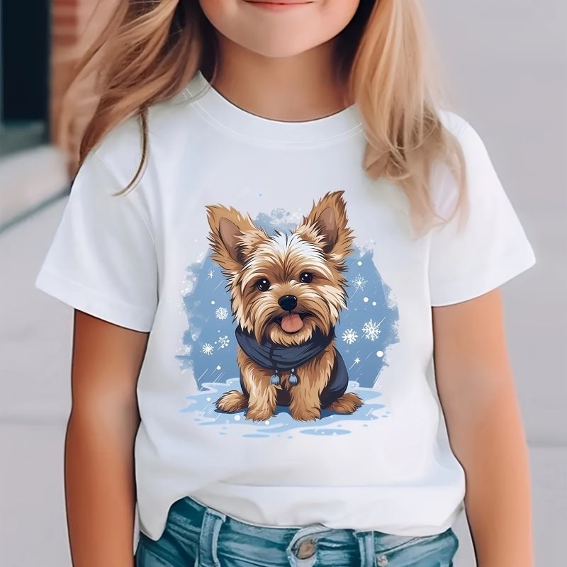 Gyerekruházat Lányok Aranyos Kisállat Aranyos Kölyökkutya Mintás környakú rövid ujjú póló_voghion.com