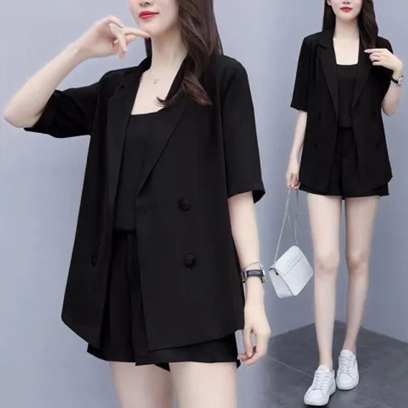 Audday Plus Size Women's Outfit 2025 Summer New Style Slimming Elegant Camisole Blazer And Shorts Three-Piece Set_voghion.com