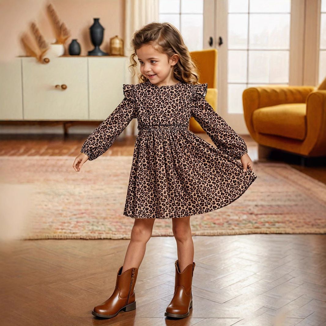 Kids’ Clothing Girl Leopard Print Long Sleeved Water Drop Collar Small Flying Sleeves Long Sleeved Ruffled Simple Dress_voghion.com