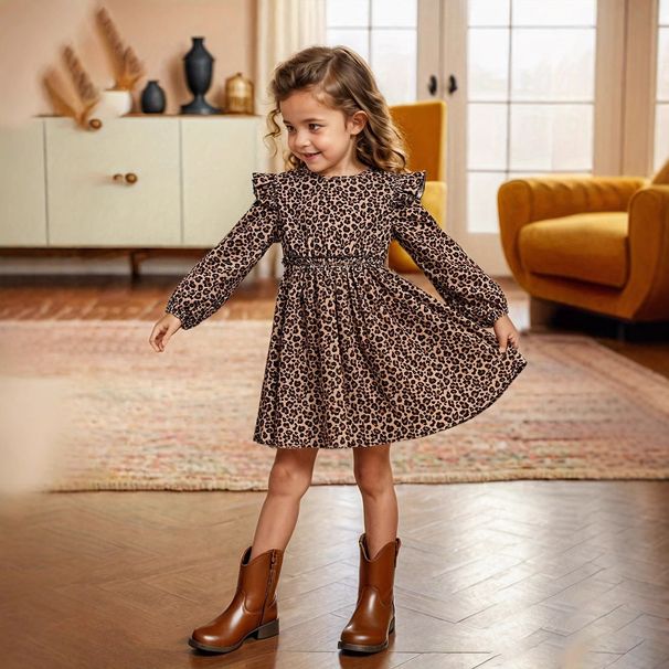 Kids’ Clothing Girl Leopard Print Long Sleeved Water Drop Collar Small Flying Sleeves Long Sleeved Ruffled Simple Dress_voghion.com