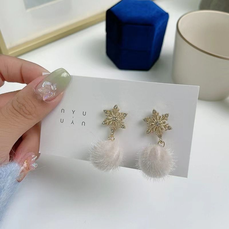 S925 silver needle snowflake plush creative earrings Korean niche diamond inlaid sweet and cute aesthetic earrings trend_voghion.com