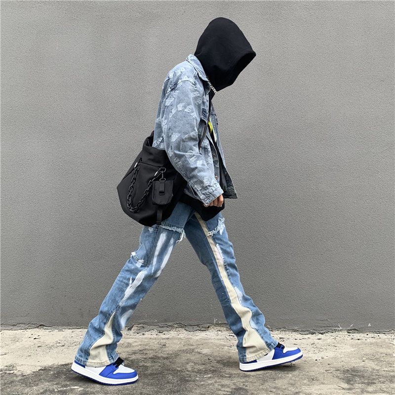 Men's Clothing American high street washed ink spliced ​​jeans men's trendy brand vibe style personalized straight loose micro flare pants_voghion.com