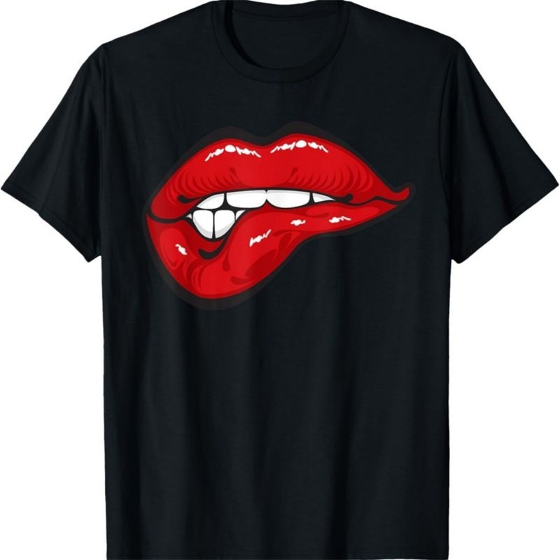 Sexy Biting Red Lips T-Shirt Mouth Kisser Shirts T-Shirt._voghion.com