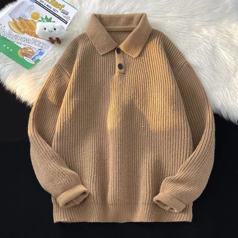 Herrenbekleidung Retro-Pullover mit Polokragen für Herren, Herbst und Winter, übergroßer, einfarbiger Strickpullover, neuer Unterteil-Pullover_voghion.com