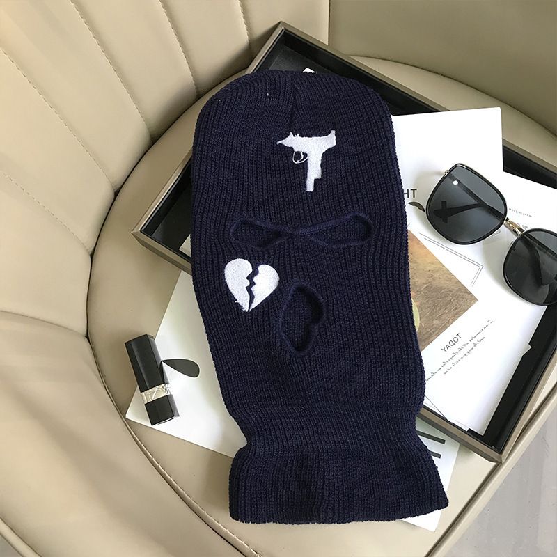 LazyZoom Embroidered Three-Hole Ear Protection Cold-Proof Cycling Mask Pullover Autumn Winter Warm Knitted Balaclava Hat Trendy_voghion.com