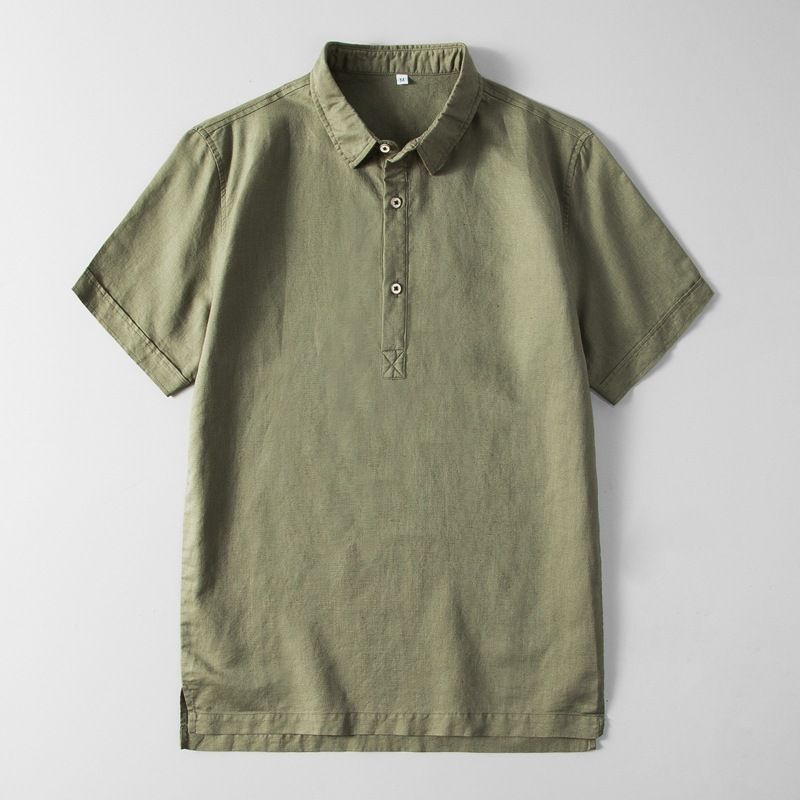 Herrenbekleidung Sommer Neues Leinen-Poloshirt Herren Kurzarmhemd mit schmalem Revers Baumwollleinen Herrenhemd mit lässigem Futter und offener Brust_voghion.com