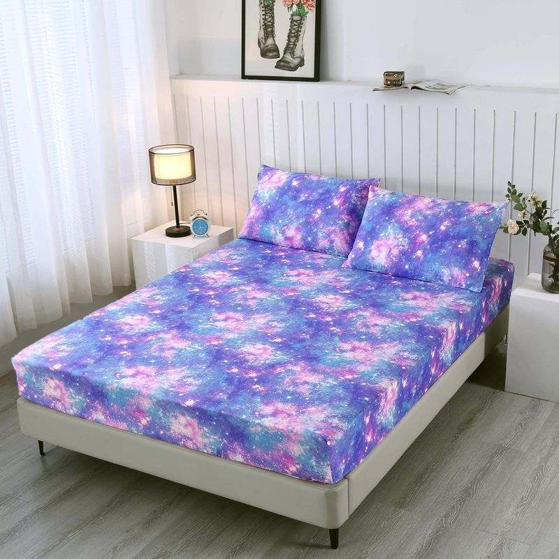 Colorful Galaxy Pattern Fitted Sheet Dust Proof Skin Friendly Bed Fitted Sheet Mattress Protector Fitted Sheet Three Piece Set_voghion.com