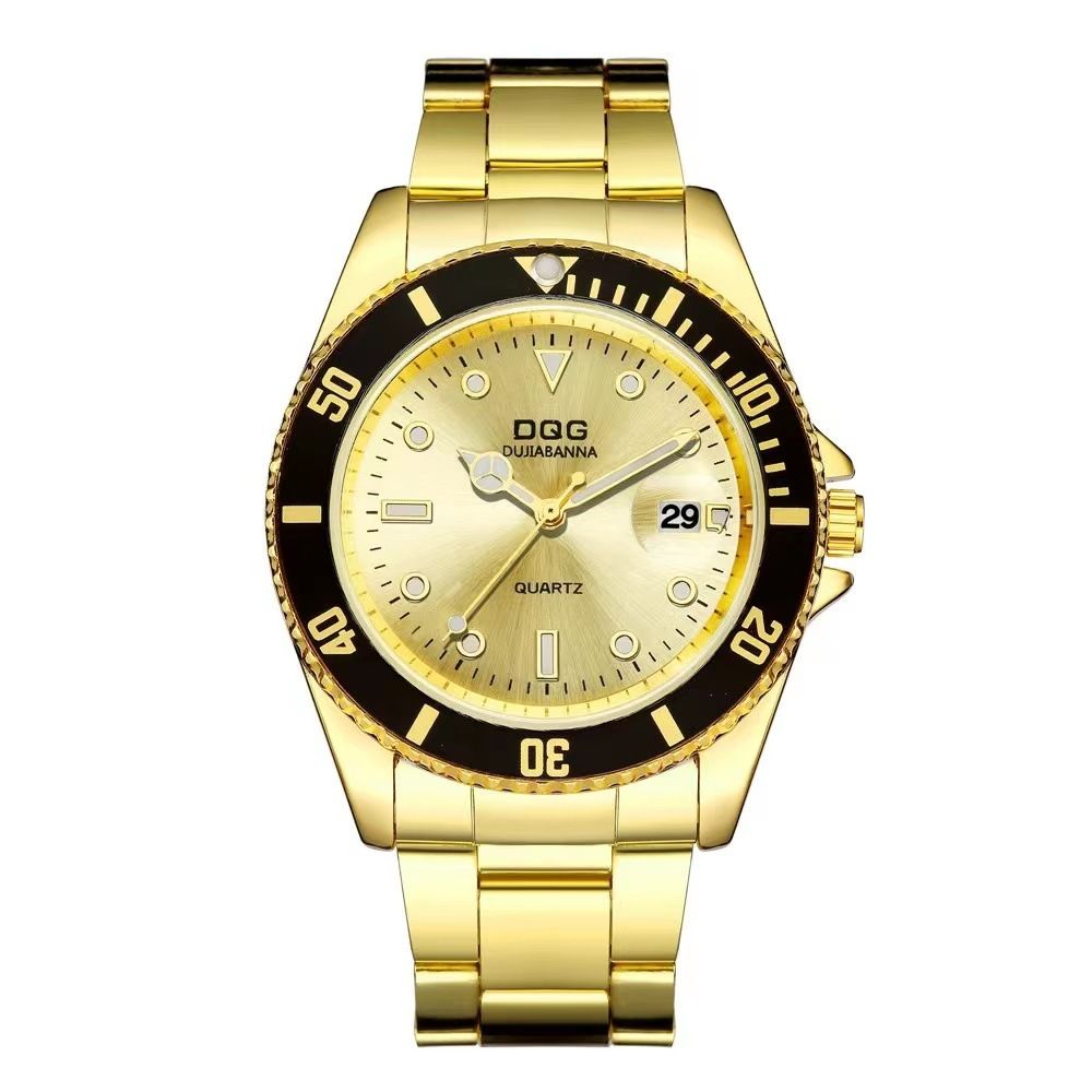 Gold Large Dial Quartz Steel Band Single Calendar Men's Watch_voghion.com