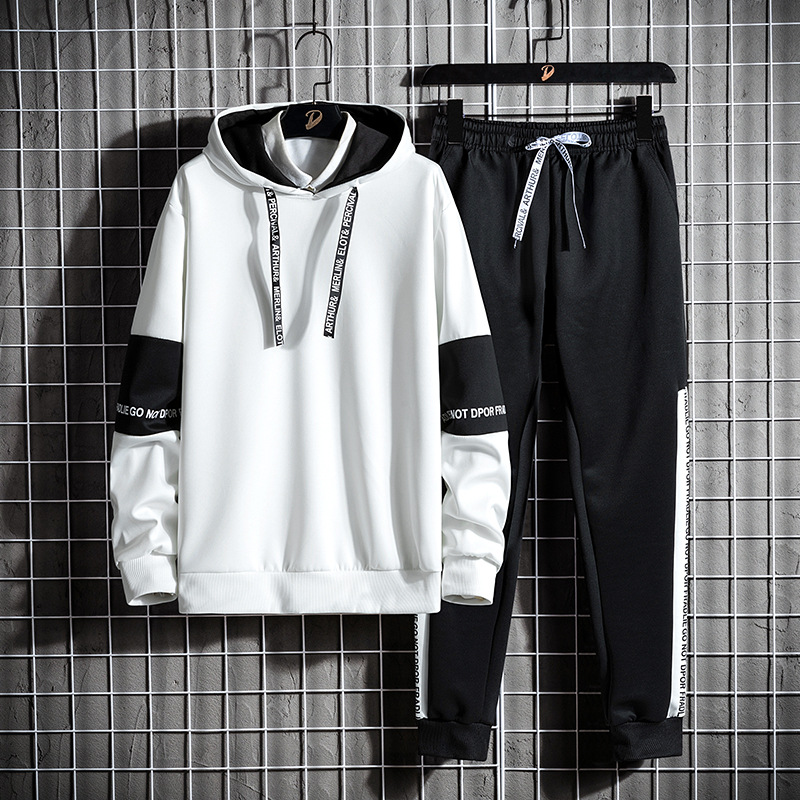 Abbigliamento maschile Felpa con cappuccio in pile polare autunnale da uomo, due pezzi, versione coreana dei pantaloni sportivi slim a nove punte_voghion.com