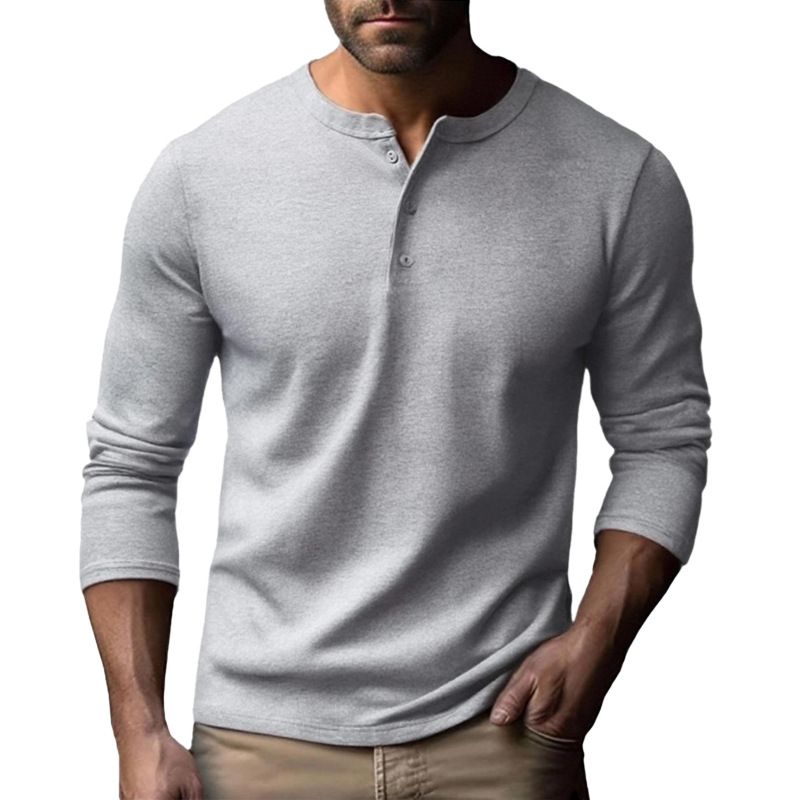 Herbst und Winter Europäisches und Amerikanisches Casual Rundhals-Henry-Shirt Schlankes, einfarbiges Langarmhemd mit Bodenbildung für Herren_voghion.com