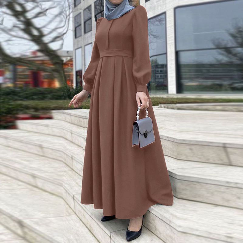 Women's Dress Plus Size Dress Puff Sleeve Round Neck Solid Color Long Skirt Robe Dress_voghion.com