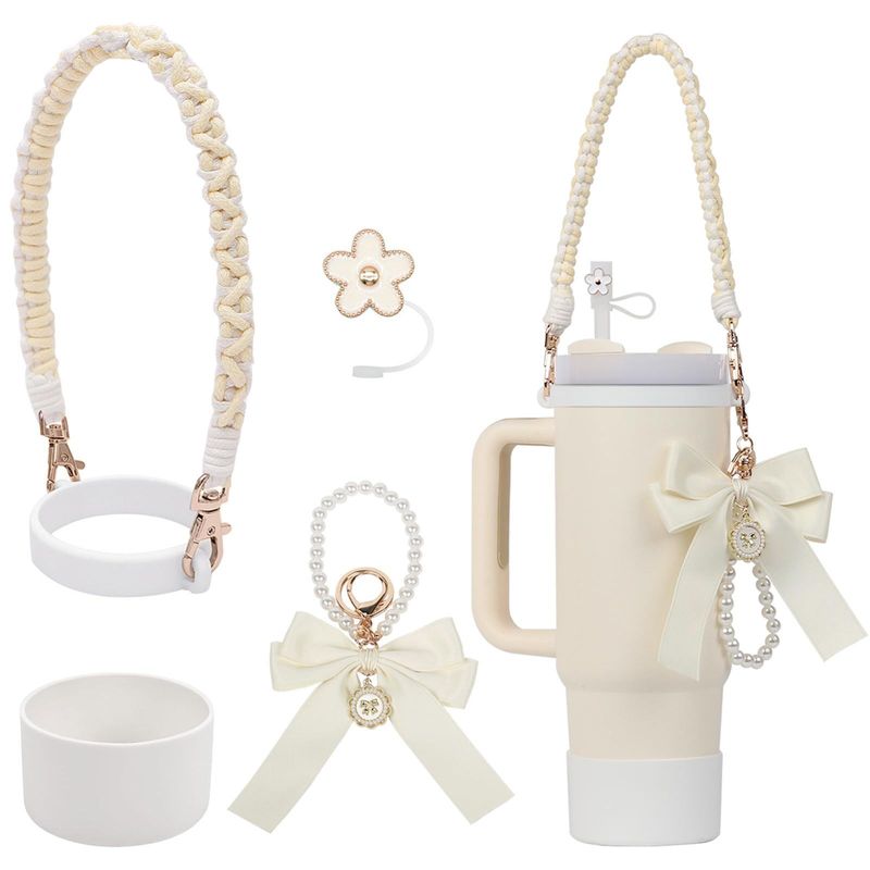 Sæt med blomsterstrå og varmeisolerende kophylster - Sødt tegneseriedesign med flettet håndtag og sløjfevedhæng. Lækagesikkert silikonebetræk til 16-30oz glas._voghion.com