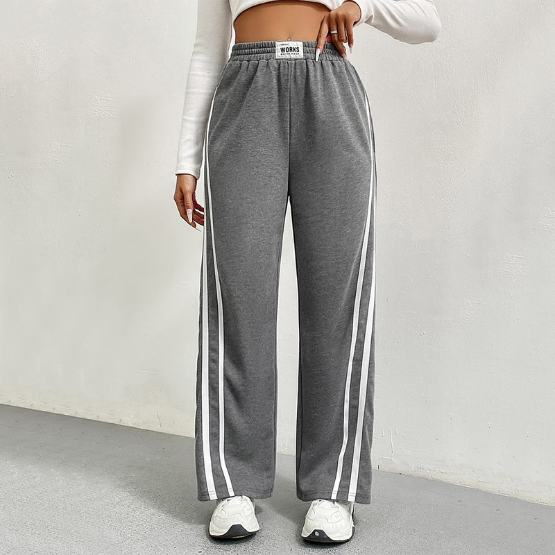 Damenmode-Sporthose mit hoher Taille, lockere, gerade, lässige Jogginghose, gestreifte Patchwork-Hose mit weitem Bein_voghion.com