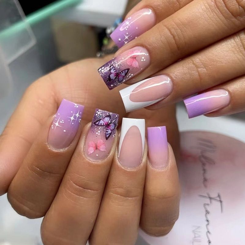 24-delige vierkante kunstnagels met vlinderontwerpen Paars verloop Franse nep-nageltip Draagbare volledige dekkingspers_voghion.com