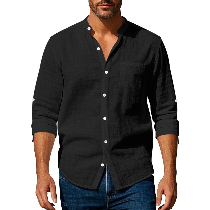 Camicia da uomo in lino, primavera e autunno, a maniche lunghe, con colletto alto, traspirante, casual, nuova, stile cinese, con taschino._voghion.com