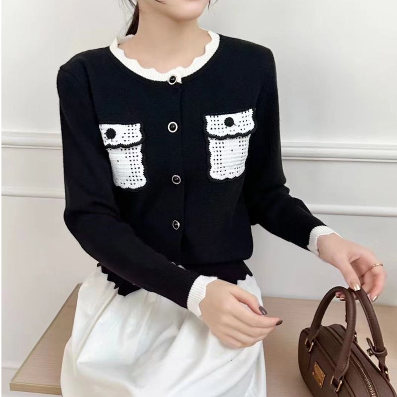 Pull tricoté de style français avec un petit parfum et un sens du design féminin, veste unique avec épissage de poche, sensation haut de gamme,_voghion.com