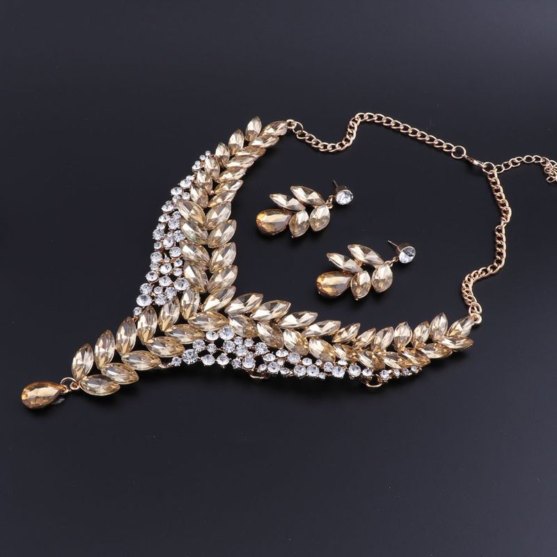 Frauen Champagner Kristall Hochzeit Braut Party Kostüm Zubehör Braut Halskette Ohrring Schmuck Sets_voghion.com