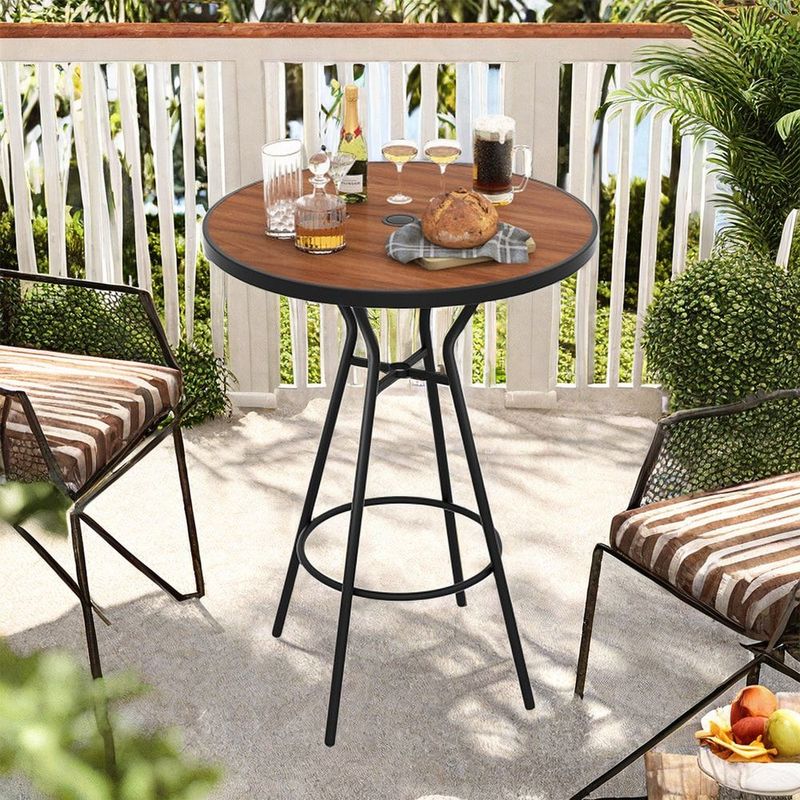 28 Inches Outdoor Bar Table With Wood-Like Tabletop For Backyard Garden_voghion.com