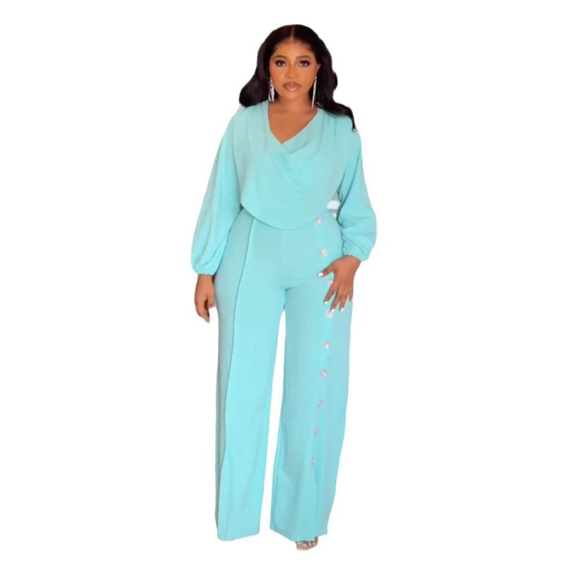 Women's Clothing Lantern Sleeve Waist Button Decoration Wide Leg Jumpsuit_voghion.com