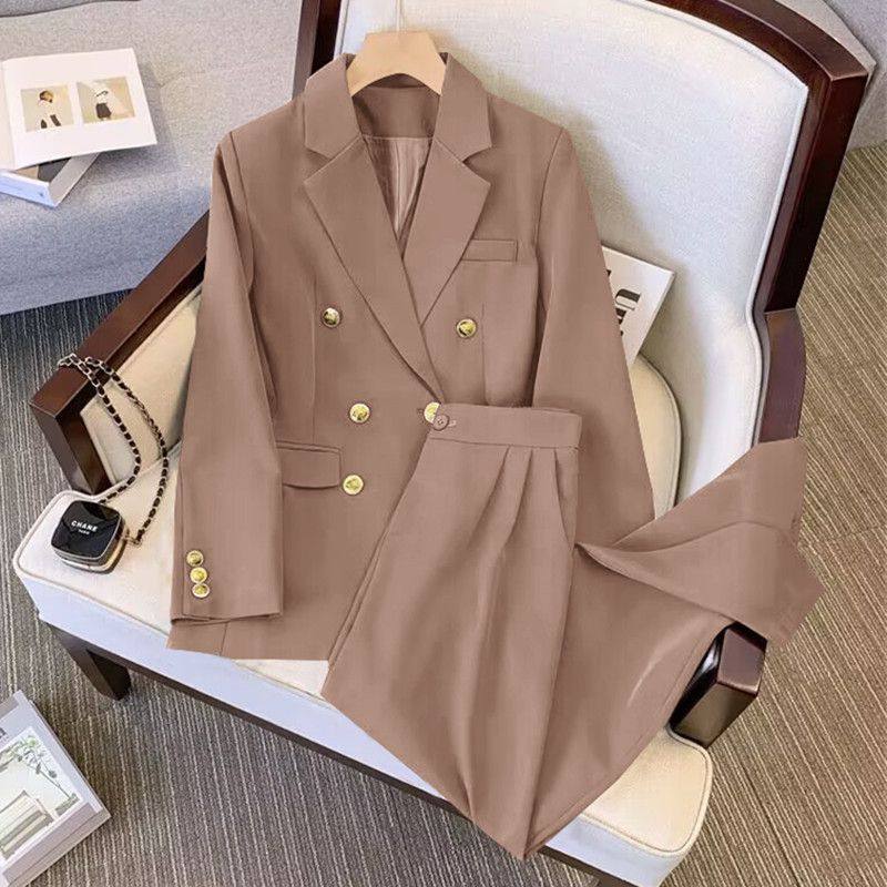 Conjunto de 2 piezas de blazer y pantalón para mujer, traje formal de negocios para oficina, chaqueta cruzada, pantalón recto y ancho._voghion.com