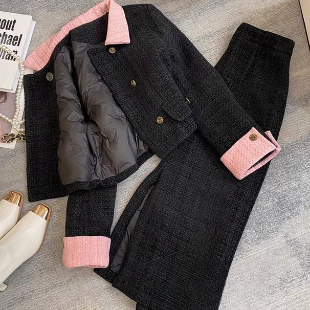 Damenbekleidung Langärmlige Jacke im französischen Stil für Frauen, farblich passender Rock mit hoher Taille, kleiner Promi-Zweiteiler, zweiteiliger Anzug_voghion.com