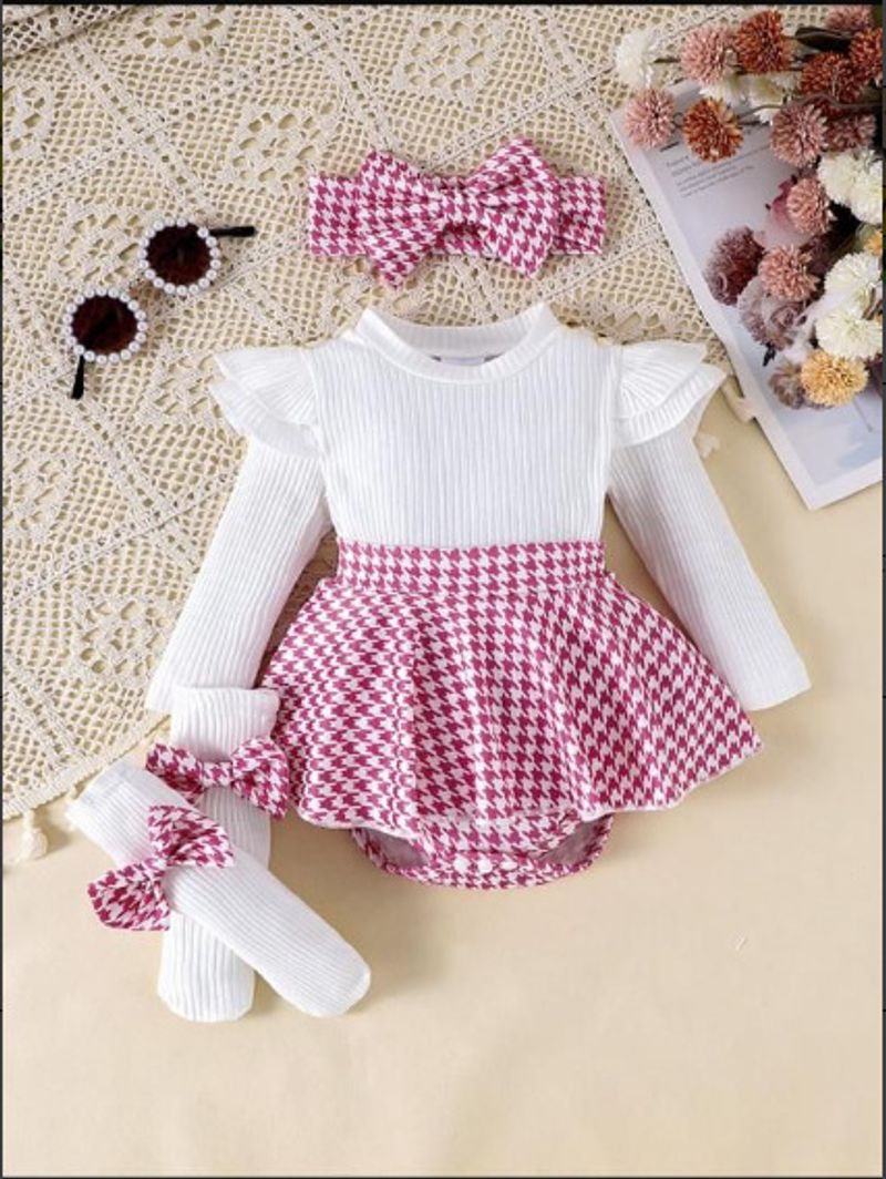 Mutter & Kinder Baby Mädchen Anzug fliegende Ärmel lange Ärmel Strampler Hose Rock Socken Kopfschmuck dreiteiliges Set_voghion.com