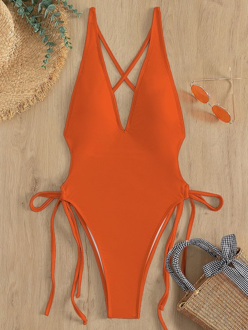Women's Clothing Solid Color Lace V Neck Bikini New High Waist Triangle Beach Hot Spring One Piece Swimsuit_voghion.com