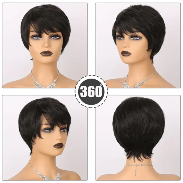 Lühikesed Pixie Cut Remy-lõikusega inimese juustest parukad liimita naturaalse värviga, masinal valmistatud Bob-parukad_voghion.com