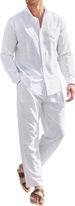 Men's Clothing Beach Leisure Suit Solid Color Stand Collar Shirt Long Sleeve Trousers Two Piece Suit_voghion.com
