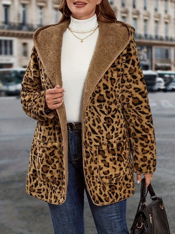 Chaqueta de leopardo: cálida y gruesa, con capucha de felpa y estampado de leopardo | Estilo europeo-americano, lavable a máquina, no elástica_voghion.com