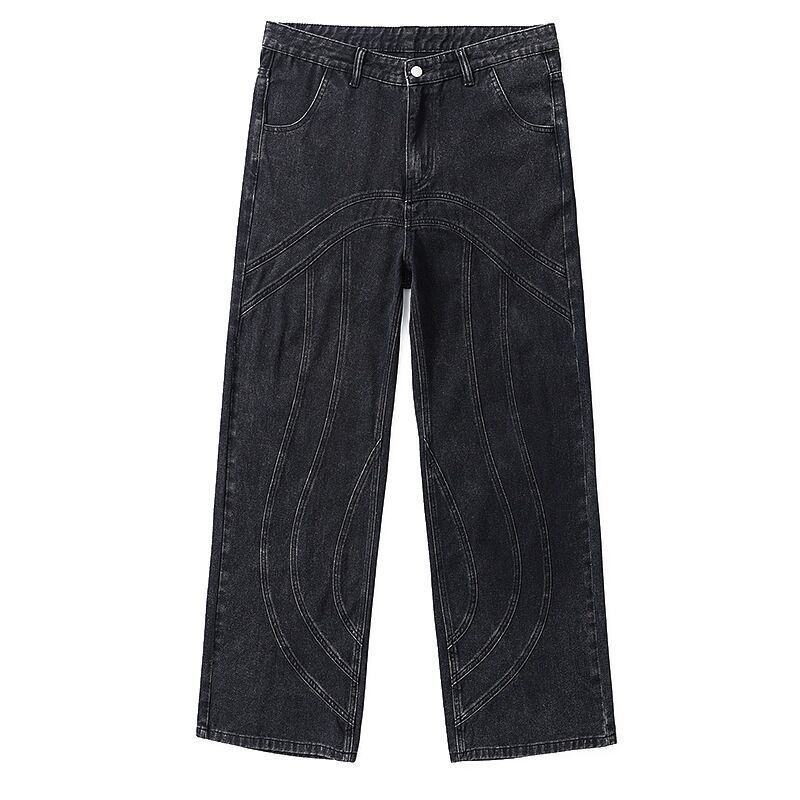 Neue trendige Marke im amerikanischen Stil, gewaschen, dreidimensionaler Linienschnitt, Patchwork, gerades Bein, Herrenjeans, lockere Passform_voghion.com