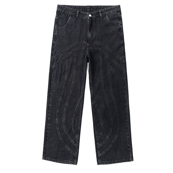 Neue trendige Marke im amerikanischen Stil, gewaschen, dreidimensionaler Linienschnitt, Patchwork, gerades Bein, Herrenjeans, lockere Passform_voghion.com