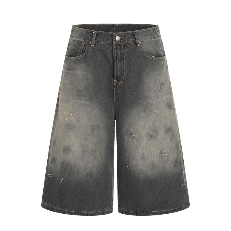 Short en jean blanc dégradé effet usé pour homme, coupe droite, effet éclaboussures d'encre, délavé, jambes larges, tendance_voghion.com