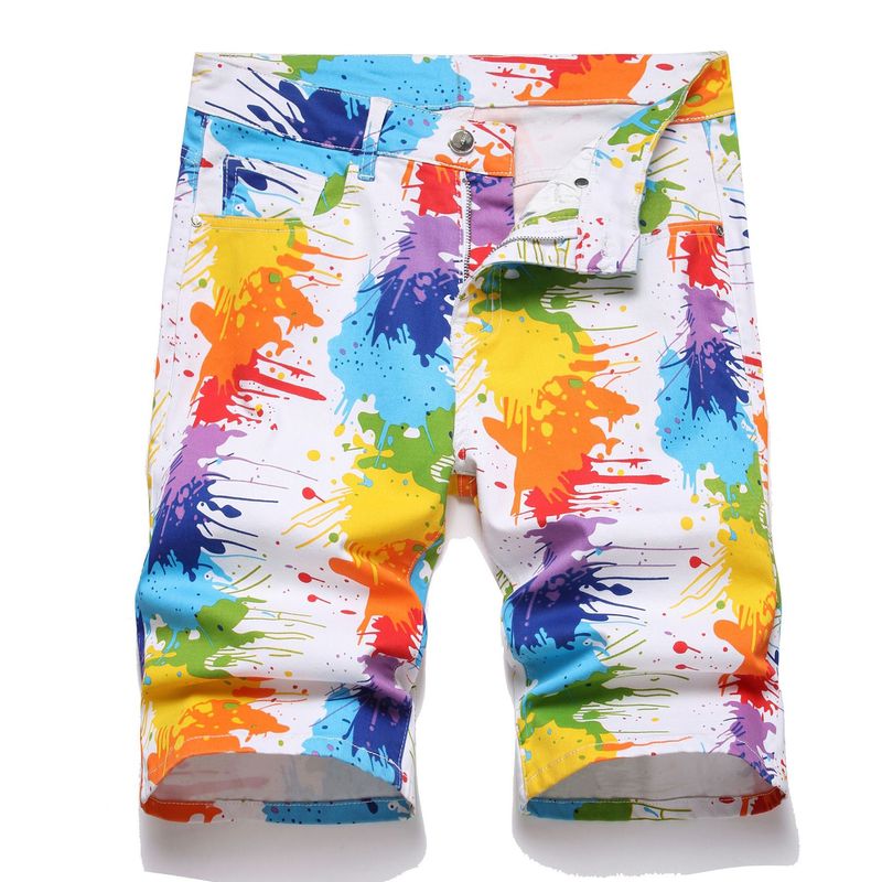 Pantaloncini in denim elasticizzato con stampa digitale casual e vivace, nuovi, estivi 2024, per uomo_voghion.com