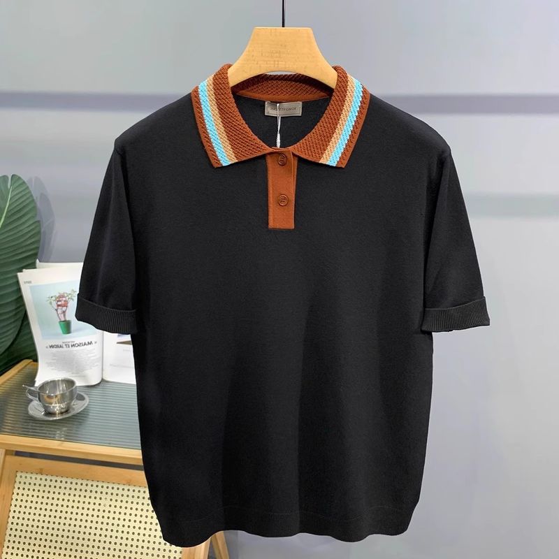 Pánské oblečení styl klopa pletené tričko s krátkým rukávem pánské letní nové slim kontrastní barva polokošile POLO košile top pánské_voghion.com