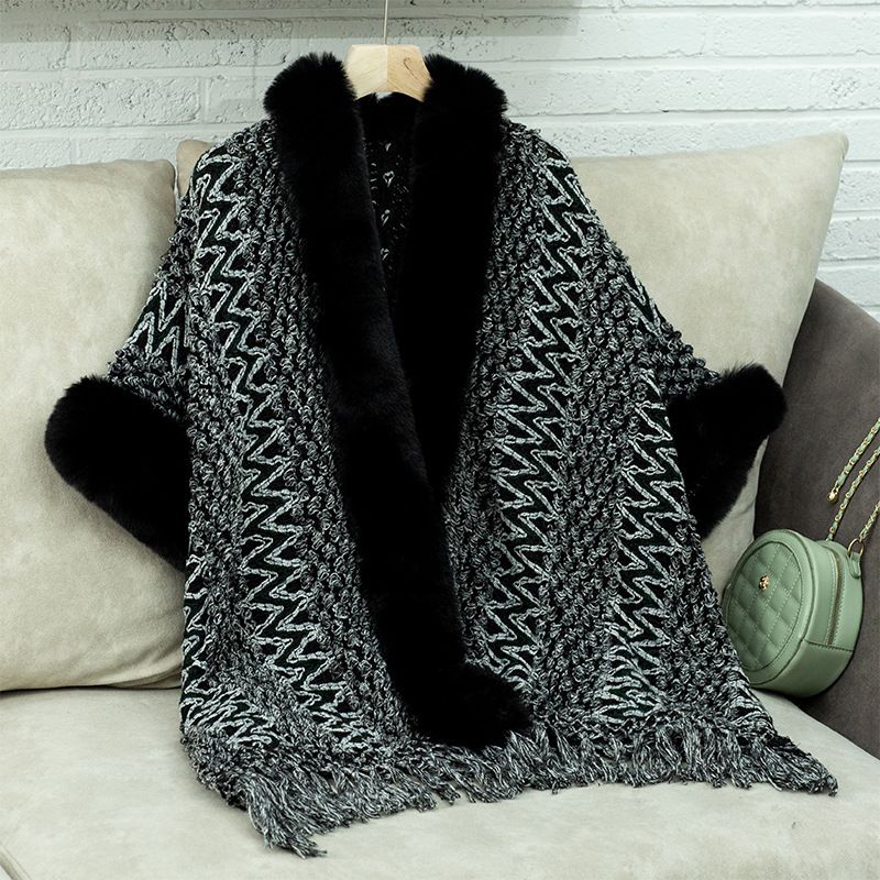 Striped knitted tassel cape woman loose ethnic style sweater cardigan shawl woman_voghion.com