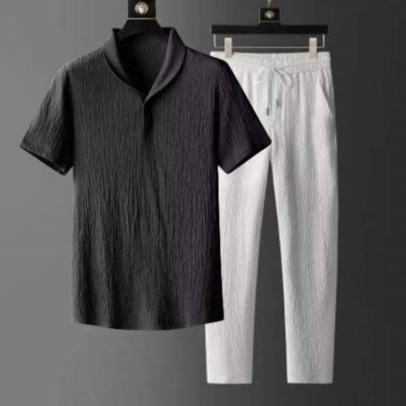 Vêtements pour hommes Costume décontracté pour garçons Été Nouveau mince haut de gamme Costume de sport à la mode Pantalon à manches courtes Costume de luxe léger à la mode_voghion.com