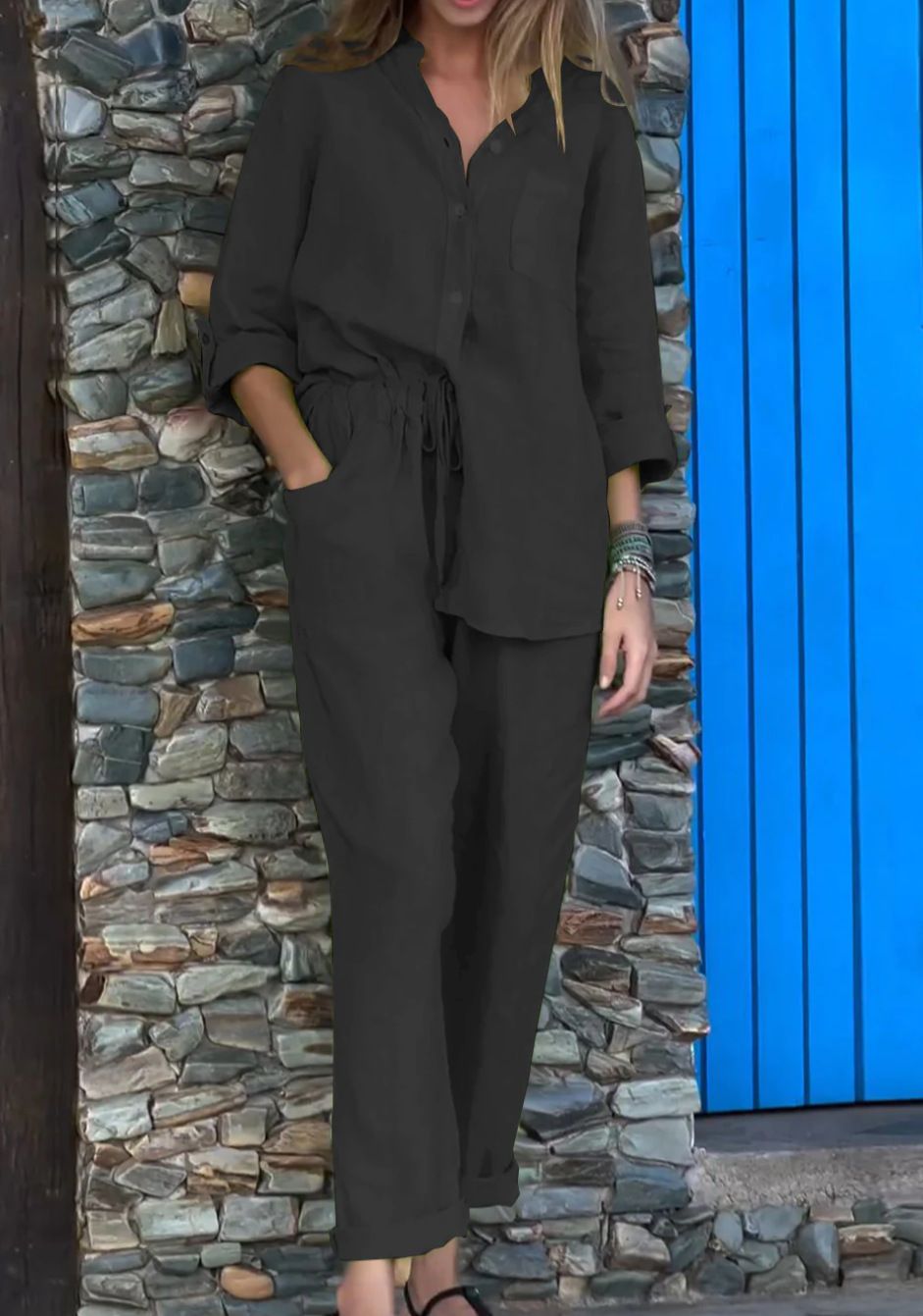 Damenbekleidung 2-teiliger Hemdanzug aus Baumwolle und Leinen in Übergröße mit hoher Taille und lockerer Hose_voghion.com