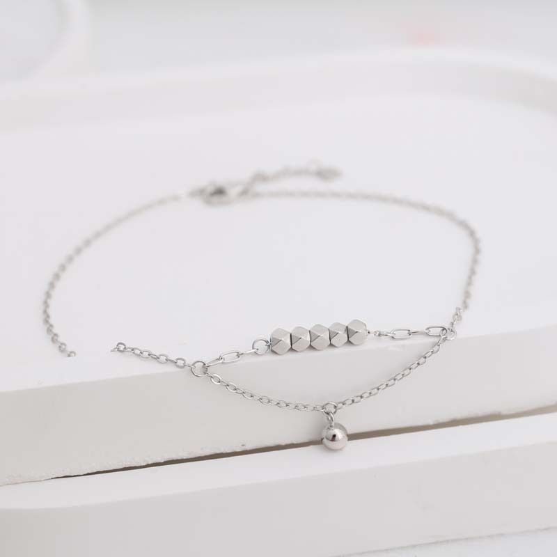 Sterling Silver Three-Dimensional Small Square Anklet For Women, Exquisite Simple Fashion Versatile Double Layer Tassel_voghion.com