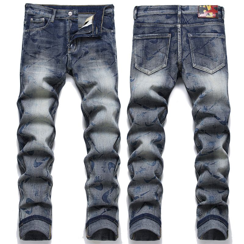 Commercio estero europeo e americano slim stretch quattro stagioni cotone elastico da uomo in pelle grana scura etichetta strappata stampa jeans da uomo moda_voghion.com