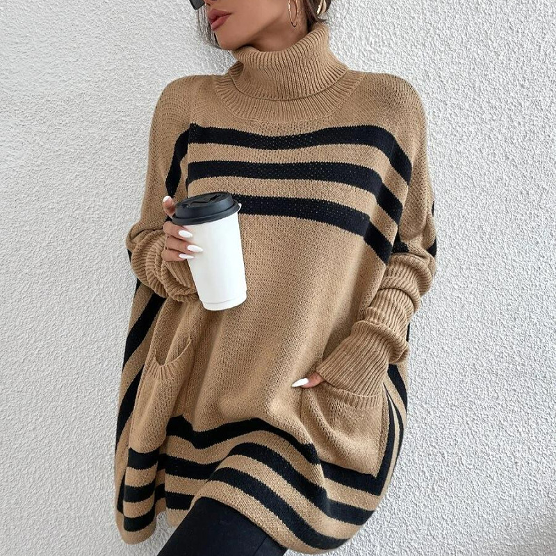 Abbigliamento da donna giacca maglione con collo alto e maniche a pipistrello a righe_voghion.com