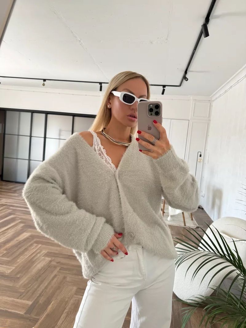 Cardigan en tricot de vison effet nuage – Col en V surdimensionné (kaki/gris foncé/gris clair/blanc/noir/rose, S-XL)_voghion.com