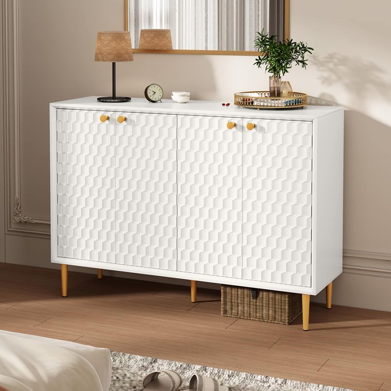 Hexagon Honeycomb Pattern Sideboard Cabinet With 4 Doors, Credenza Storage Cabinet, Modern Kitchen Buffet With Gold Metal Legs For Living Room, Dining Room & Entryway, Ivory White_voghion.com
