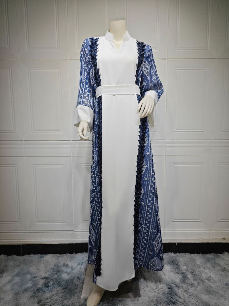 Vestido muçulmano bordado com lantejoulas e malha combinando feminino com cinto_voghion.com