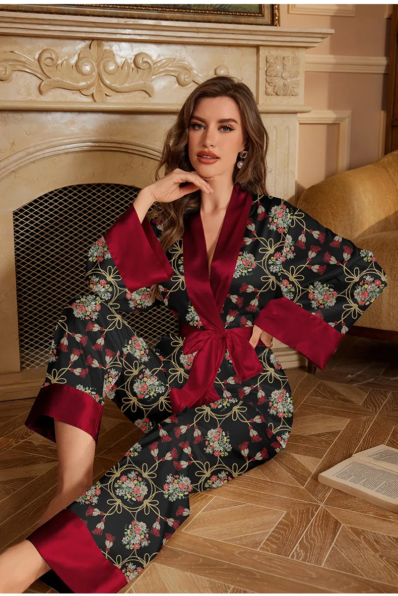 Women’s Clothing New Silk Pajamas Autumn Women's Long Sleeved Suit Stylish Color Ice Silk Home Two Piece Pajamas_voghion.com