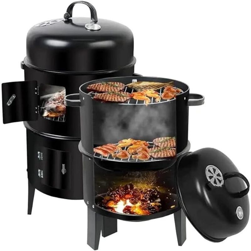 3 IN 1 Charcoal Smoker BBQ Grill With Thermometer Patio Camping Barbecue Outdoor_voghion.com