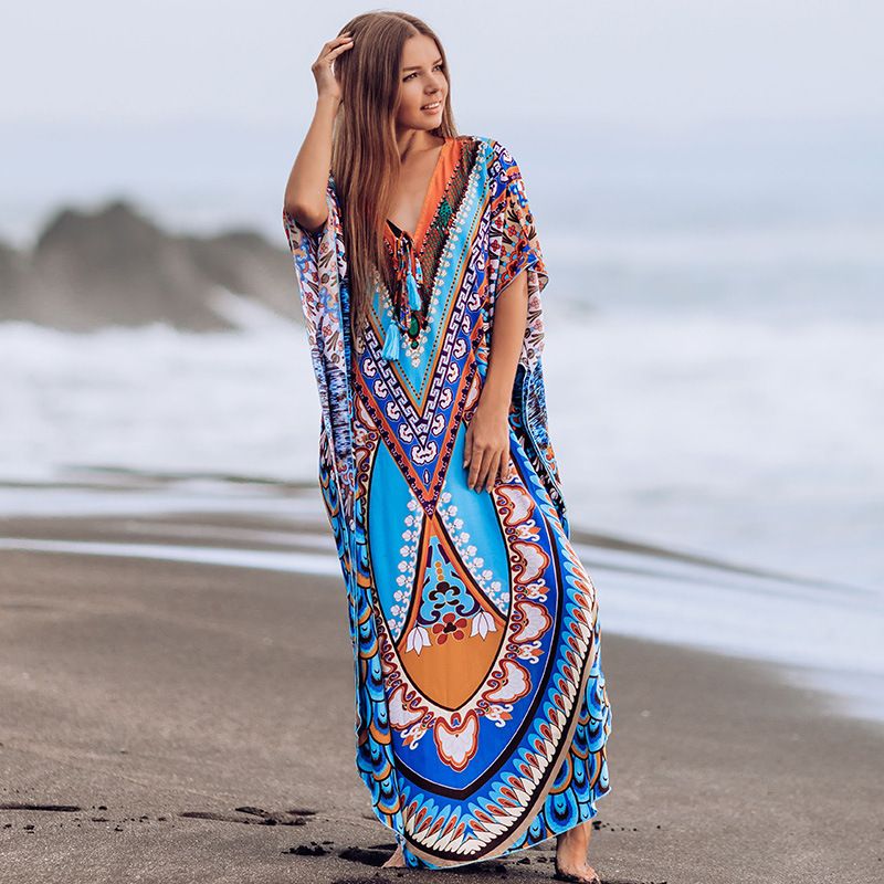 Bohemian Rayon Beach Dress – Oversized Cover-Up With Artistic Print (One Size, Breathable Cotton Blend)​_voghion.com