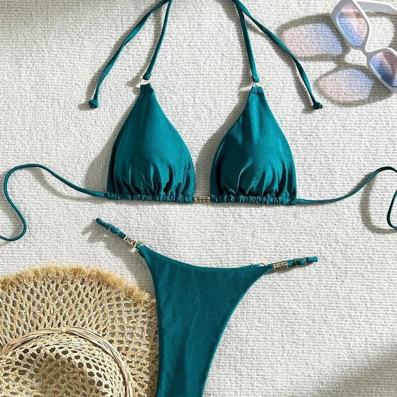 Uusi yksivärinen metallisisustus Seksikäs roikkuva kaulahihna Bareback uimapuku Bikinit_voghion.com